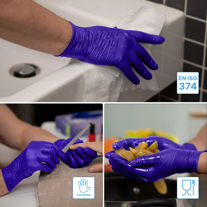 Three images show hands in ARNOMED NITRIL XTRA PURE disposable gloves from ARNOWA GmbH: cleaning, nail care, potato rinsing. Icons indicate food safety and sensitive skin - these nitrile gloves are accelerator-free and EN ISO 374 certified.