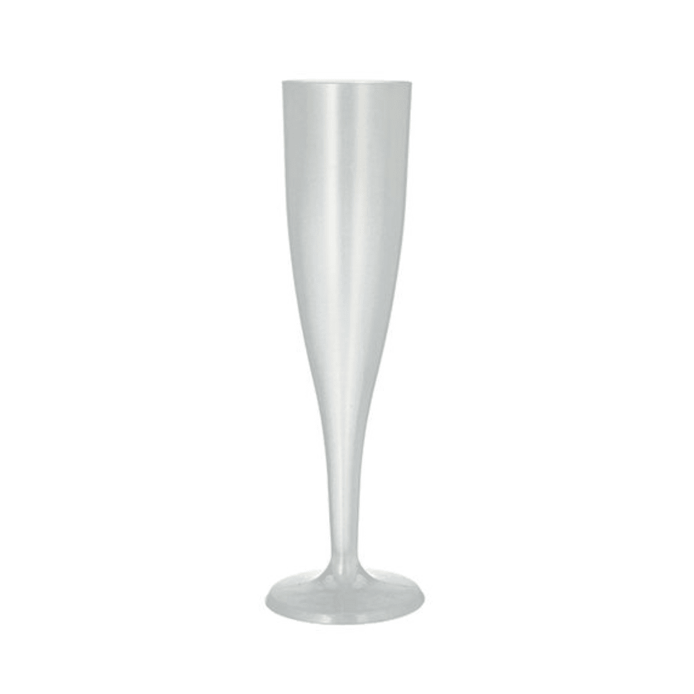 The Starpak 10 reusable stem glasses from Starpak are transparent champagne flutes made of polypropylene with a narrow bowl, long stem, and round base - the perfect unbreakable glasses for any celebration.