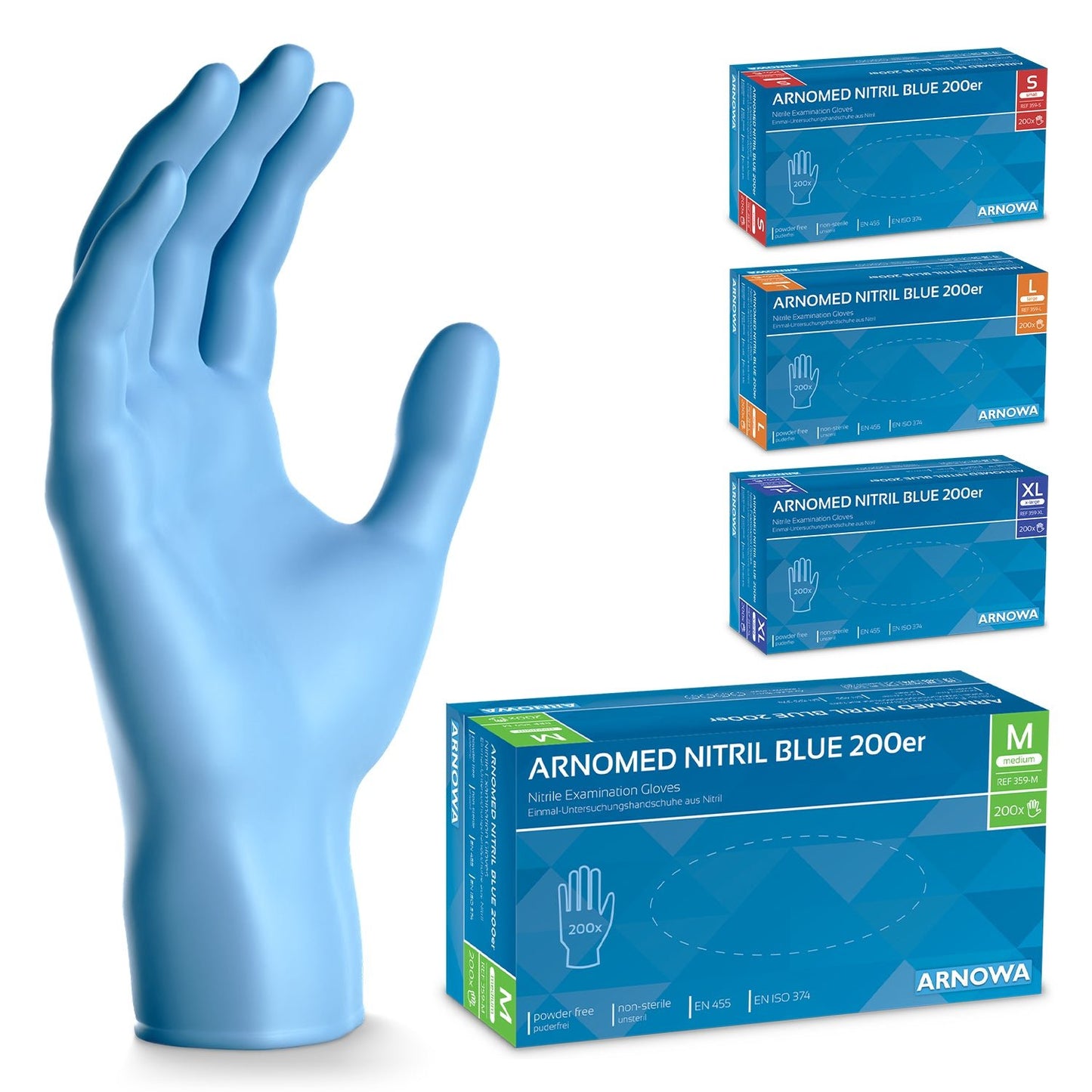 A large blue nitrile glove stands upright next to four boxes of ARNOWA GmbH ARNOMED NITRIL BLUE 200 nitrile gloves blue in a 200-piece value pack, available in sizes S, M, L, and XL, each with color-coded size labels.