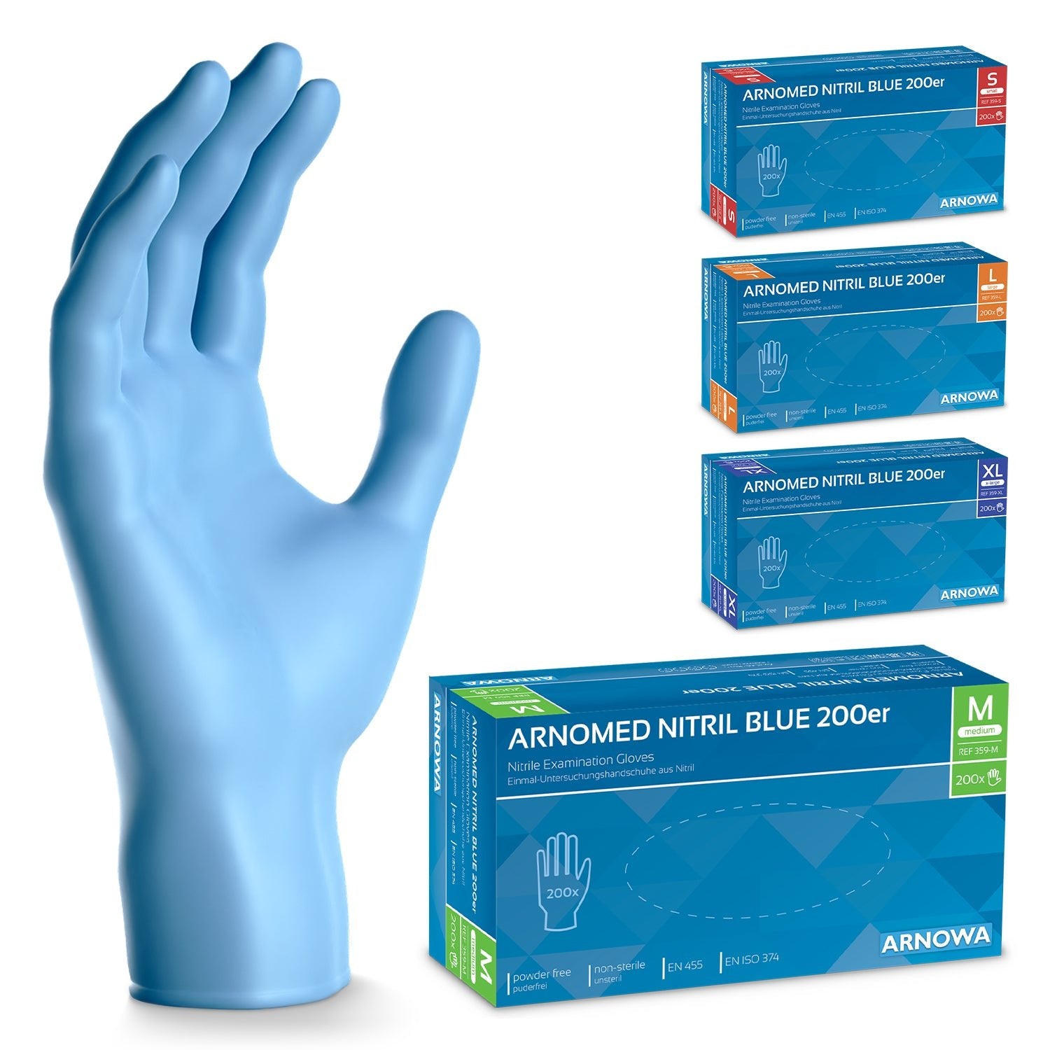 A large blue nitrile glove stands upright next to four boxes of ARNOWA GmbH ARNOMED NITRIL BLUE 200 nitrile gloves blue in a 200-piece value pack, available in sizes S, M, L, and XL, each with color-coded size labels.