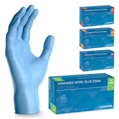 A large blue nitrile glove stands upright next to four boxes of ARNOWA GmbH ARNOMED NITRIL BLUE 200 nitrile gloves blue in a 200-piece value pack, available in sizes S, M, L, and XL, each with color-coded size labels.