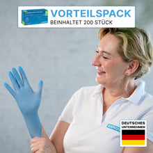 A woman in a white polo shirt is putting on an ARNOMED NITRIL BLUE glove. Top left: "200-piece value pack includes 200 pieces." Bottom right: German flag and "German company." Brand: ARNOWA GmbH.