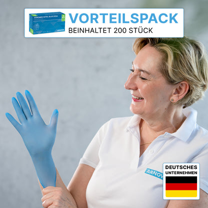 A woman in a white polo shirt is putting on an ARNOMED NITRIL BLUE glove. Top left: "200-piece value pack includes 200 pieces." Bottom right: German flag and "German company." Brand: ARNOWA GmbH.