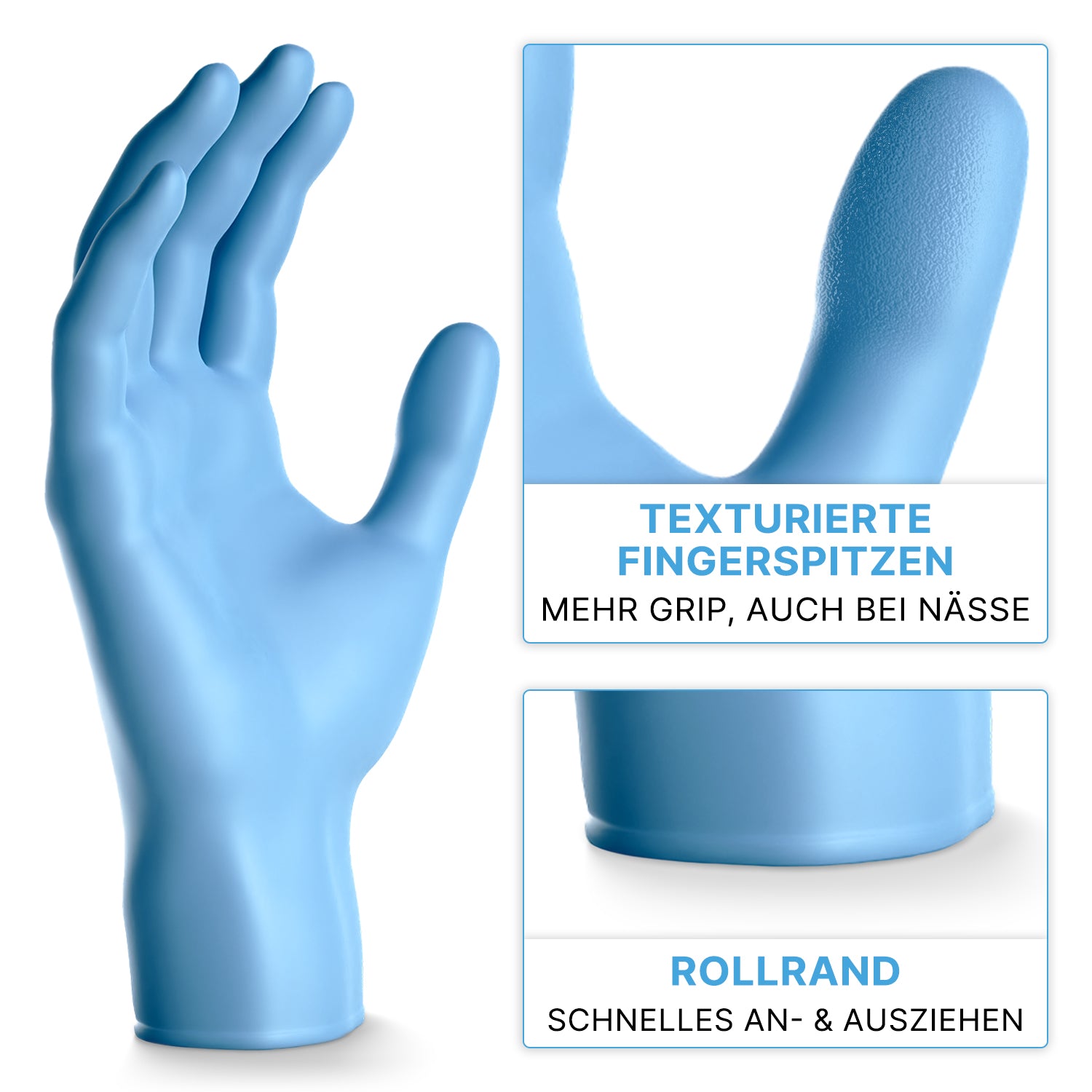 A blue ARNOMED NITRIL BLUE 200 nitrile glove from ARNOWA GmbH is depicted upright, with inserts highlighting the textured fingertips for grip and a rolled cuff. The German text describes these disposable gloves in the 200-piece value pack.