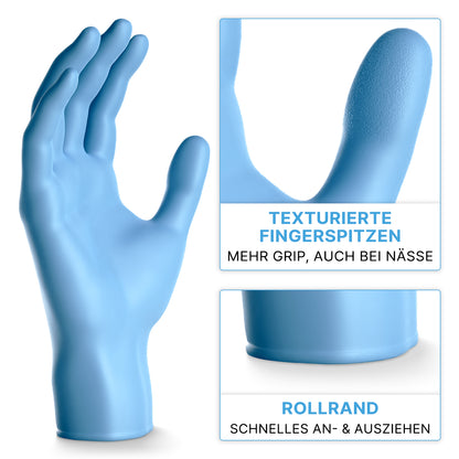 A blue ARNOMED NITRIL BLUE 200 nitrile glove from ARNOWA GmbH is depicted upright, with inserts highlighting the textured fingertips for grip and a rolled cuff. The German text describes these disposable gloves in the 200-piece value pack.
