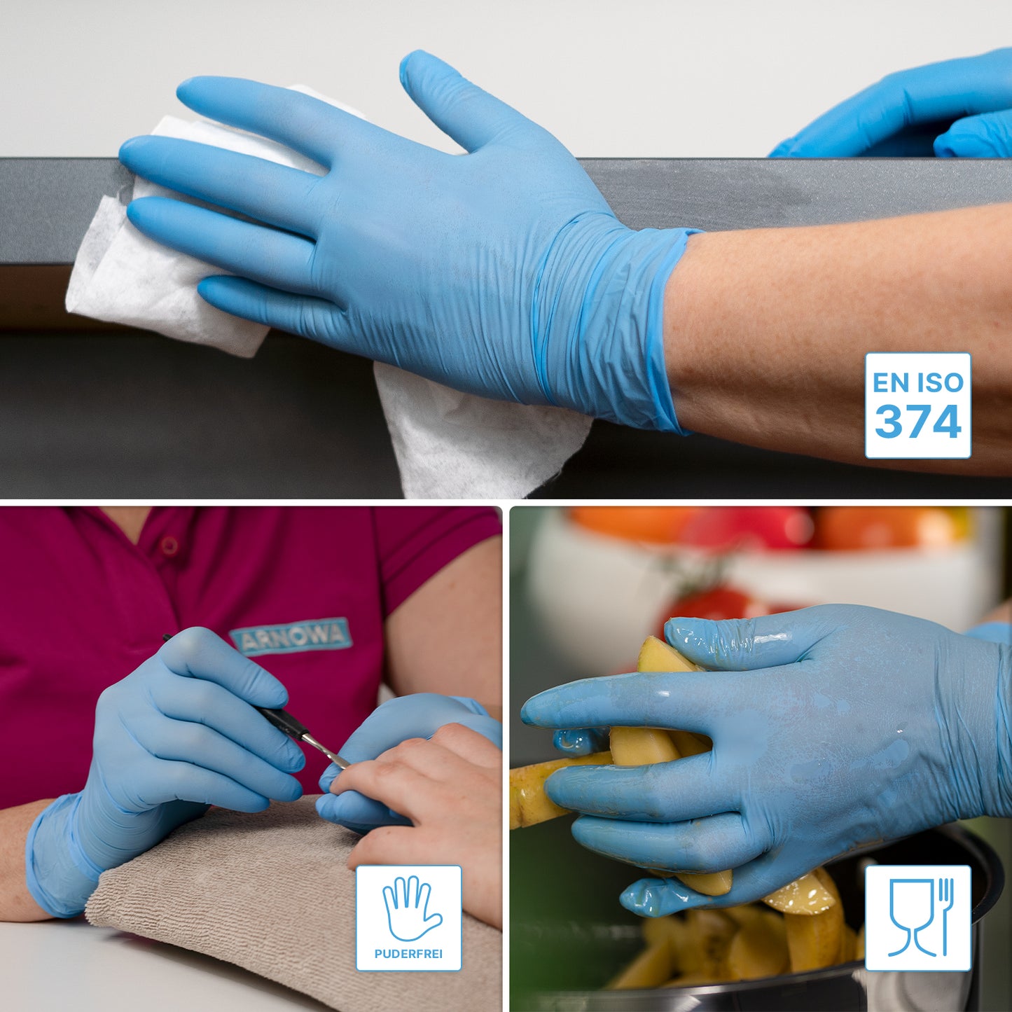 A collage shows ARNOMED NITRIL BLUE 200 nitrile gloves blue from ARNOWA GmbH for cleaning, nail care, and food handling. Icons show the certification of the 200-piece value pack according to EN ISO 374 and the suitability for food contact and allergy prevention.