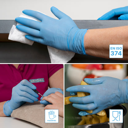 A collage shows ARNOMED NITRIL BLUE 200 nitrile gloves blue from ARNOWA GmbH for cleaning, nail care, and food handling. Icons show the certification of the 200-piece value pack according to EN ISO 374 and the suitability for food contact and allergy prevention.