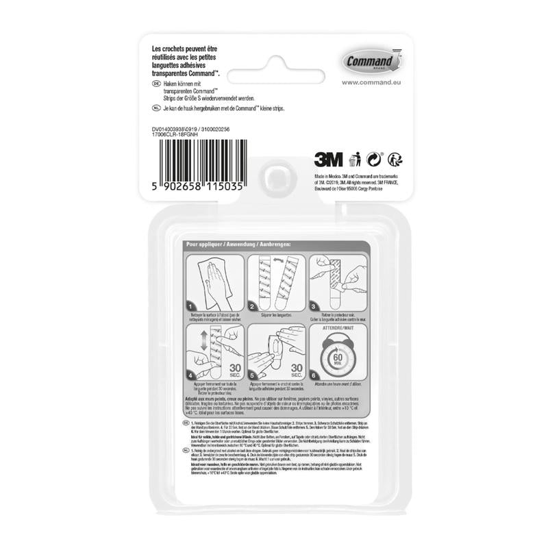 On the back of the Command™ Mini Hook, transparent, with transparent strips (17006CLRFGN) by 3M Deutschland GmbH, there are multilingual instructions, a barcode, brand logos, and illustrated steps for applying and removing the strips.