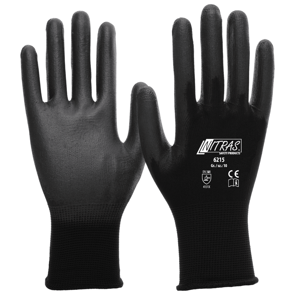 A pair of black NITRAS nylon gloves, partially coated with PU from AS Arbeitsschutz GmbH, is depicted - showing a printed palm, the other the PU-coated back.