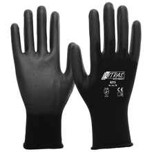 A pair of black NITRAS nylon gloves, partially coated with PU from AS Arbeitsschutz GmbH, is depicted - showing a printed palm, the other the PU-coated back.