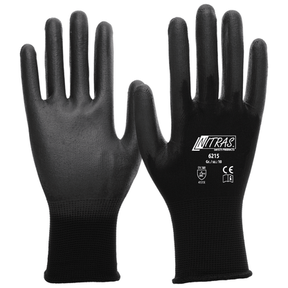 A pair of black NITRAS nylon gloves, partially coated with PU from AS Arbeitsschutz GmbH, is depicted - showing a printed palm, the other the PU-coated back.