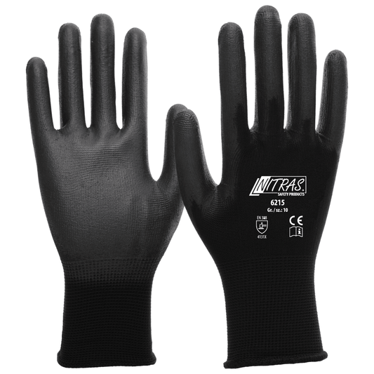 A pair of black NITRAS nylon gloves, partially coated with PU from AS Arbeitsschutz GmbH, is depicted - showing a printed palm, the other the PU-coated back.
