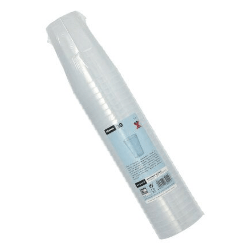 A pack of 30 translucent, unbreakable plastic cups for Caipirinha (0.3 l, Ø 8 cm, 11 cm) from Starpak reusable, shrink-wrapped and labeled with product and recycling information on a white background.