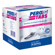 A box of Dr. Schnell PERO TABS dishwashing detergent for commercial dishwashers from DR.SCHNELL GmbH & Co. KGaA, cleans hygienically with 200 tabs; the white-blue packaging with pink accents shows dishes and cutlery.