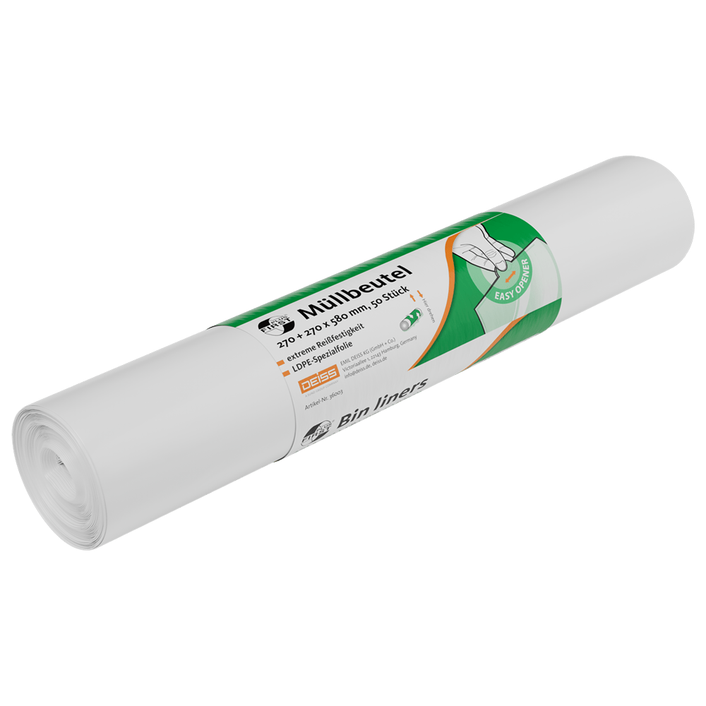 A white roll of garbage bags from EMIL DEISS KG is equipped with a green-white label with German and English information, the size 270+270x580 mm, an illustration of a trash can liner, and the product name DEISS 36003 Roll (50 pieces) for quality assurance.