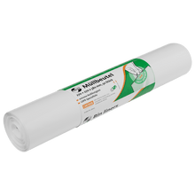 A white roll of garbage bags from EMIL DEISS KG is equipped with a green-white label with German and English information, the size 270+270x580 mm, an illustration of a trash can liner, and the product name DEISS 36003 Roll (50 pieces) for quality assurance.