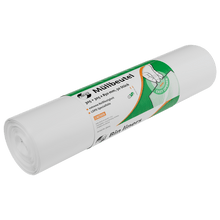A roll of white trash bags DEISS 36004 by EMIL DEISS KG (GmbH + Co.), labeled in German and English with a hand pulling a bag and the text "Easy opening." Contains 50 bags with dimensions 305+305x850 mm.