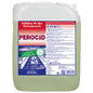 A 10-liter container of Dr. Schnell PEROCID lime remover for surfaces by DR.SCHNELL GmbH & Co. KGaA, with a white lid and handle, is equipped with a red-blue German label with instructions and safety symbols.