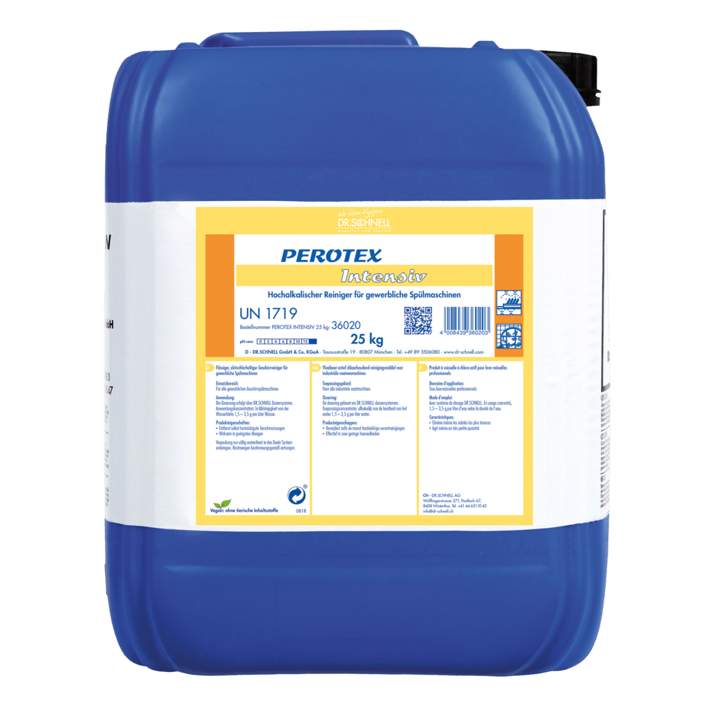 A large blue plastic container with a black lid and the inscription "Dr. Schnell PEROTEX INTENSIVE Dishwasher Cleaner for commercial dishwashers" by DR.SCHNELL GmbH & Co. KGaA, holds 25 kg and is labeled with a hazard warning in German.