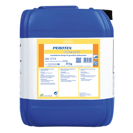 A large blue plastic container with a black lid and the inscription "Dr. Schnell PEROTEX INTENSIVE Dishwasher Cleaner for commercial dishwashers" by DR.SCHNELL GmbH & Co. KGaA, holds 25 kg and is labeled with a hazard warning in German.