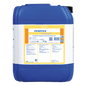 A large blue plastic container with a black lid and the inscription "Dr. Schnell PEROTEX INTENSIVE Dishwasher Cleaner for commercial dishwashers" by DR.SCHNELL GmbH & Co. KGaA, holds 25 kg and is labeled with a hazard warning in German.