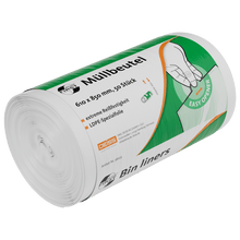 A roll of EMIL DEISS KG (GmbH + Co.) DEISS 36023 garbage bags (610x850 mm, white, 50 pieces) in robust packaging with German/English text. They are easy to open, extremely tear-resistant, and equipped with LDPE special film.