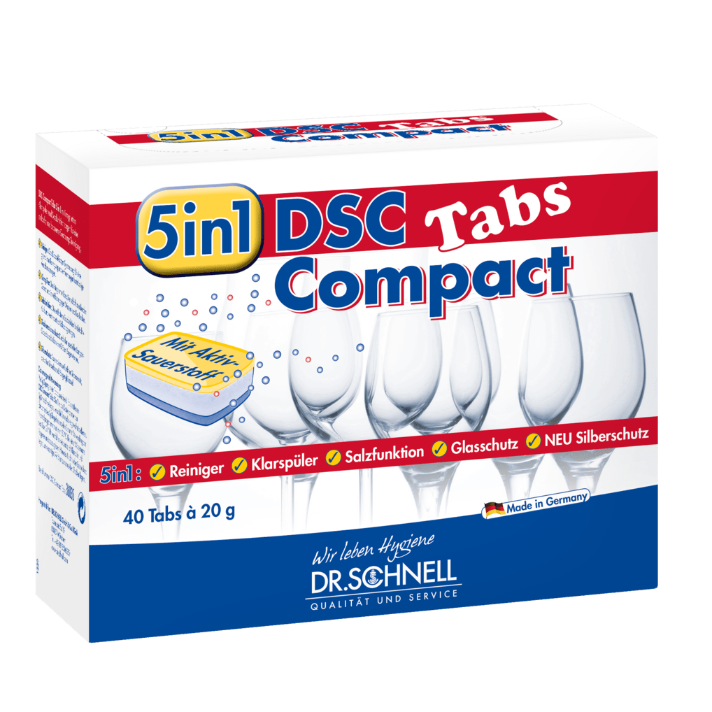A canister of Dr. Schnell DSC COMPACT TABS dishwasher tablets with active oxygen from DR.SCHNELL GmbH & Co. KGaA offers powerful cleaning and protection with 40 tabs and the note "Cleaning power and active oxygen" on the packaging.
