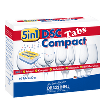 A canister of Dr. Schnell DSC COMPACT TABS dishwasher tablets with active oxygen from DR.SCHNELL GmbH & Co. KGaA offers powerful cleaning and protection with 40 tabs and the note "Cleaning power and active oxygen" on the packaging.