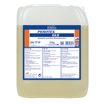 A 12 kg container Dr. Schnell PEROTEX GLS dishwashing detergent for commercial dishwashers from DR.SCHNELL GmbH & Co. KGaA is provided with product information, instructions, and hazard symbols on the front label. The light yellow liquid is visible inside.