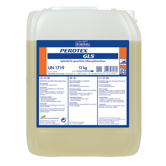 A 12 kg container Dr. Schnell PEROTEX GLS dishwashing detergent for commercial dishwashers from DR.SCHNELL GmbH & Co. KGaA is provided with product information, instructions, and hazard symbols on the front label. The light yellow liquid is visible inside.