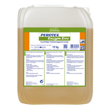A 10 kg transparent container of Dr. Schnell PEROTEX ENZYM EVO from DR.SCHNELL GmbH & Co. KGaA, an enzymatic cleaner for professional use, is equipped with a green-white label with instructions and product information as well as a white lid.