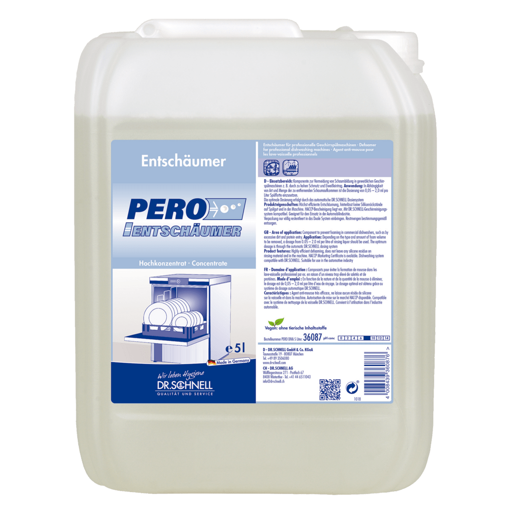 A 5-liter canister Dr. Schnell PERO DEFOAMER from DR.SCHNELL GmbH & Co. KGaA, for kitchen and food hygiene, is labeled for use in dishwashers and contains instructions, warnings, and a picture for the dishwasher.