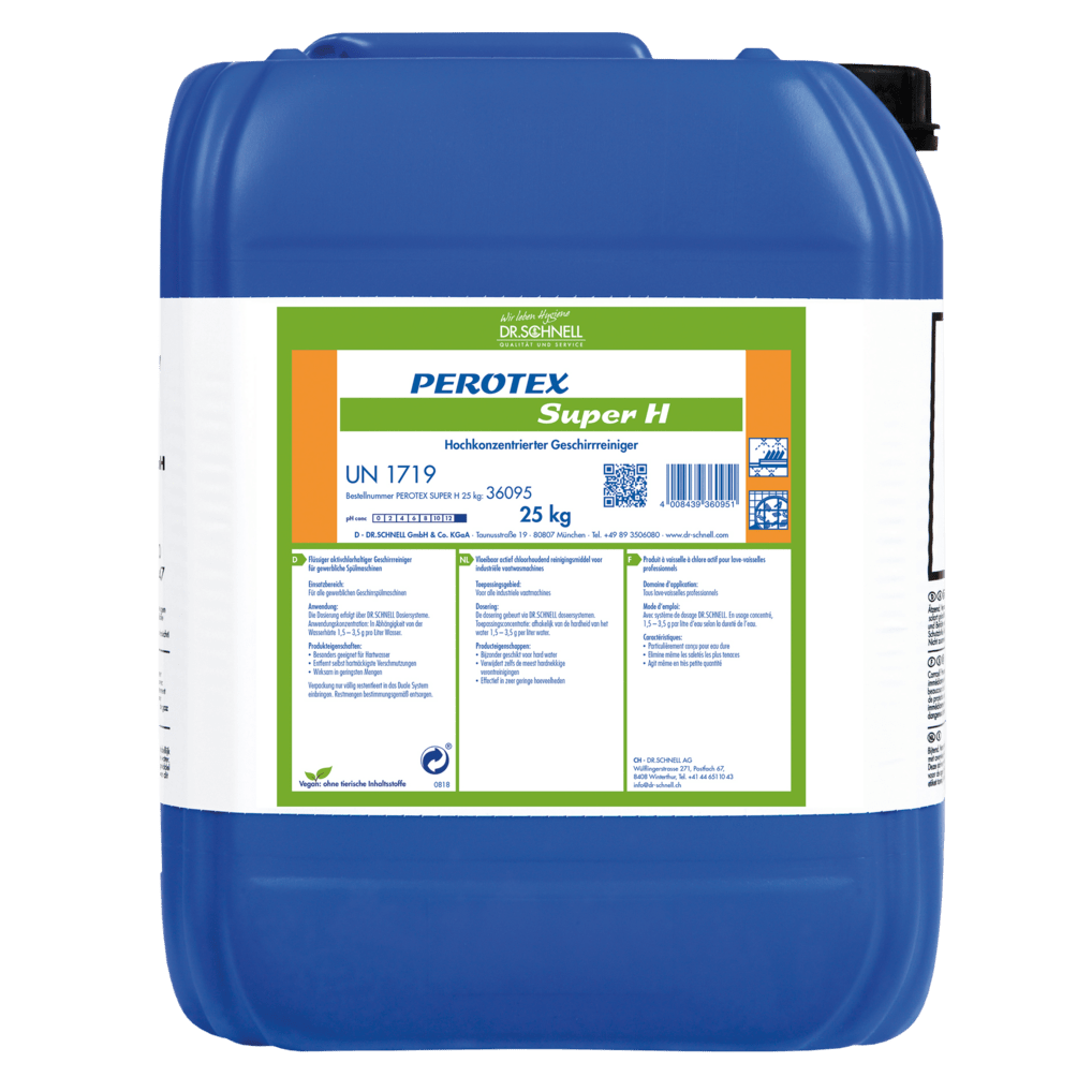 A large blue plastic container with a white label bears the inscription "Dr. Schnell PEROTEX SUPER H" from DR.SCHNELL GmbH & Co. KGaA, safety instructions and a user manual. This 25 kg cleaner is intended for professional use.