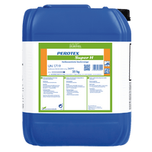 A large blue plastic container with a white label bears the inscription "Dr. Schnell PEROTEX SUPER H" from DR.SCHNELL GmbH & Co. KGaA, safety instructions and a user manual. This 25 kg cleaner is intended for professional use.