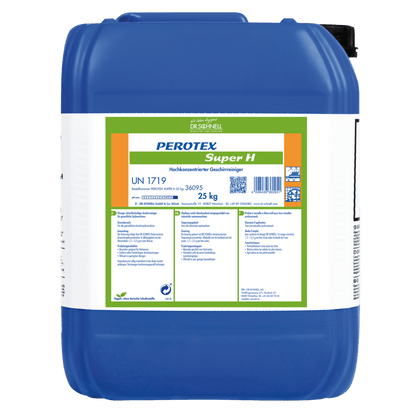 A large blue plastic container with a white label bears the inscription "Dr. Schnell PEROTEX SUPER H" from DR.SCHNELL GmbH & Co. KGaA, safety instructions and a user manual. This 25 kg cleaner is intended for professional use.