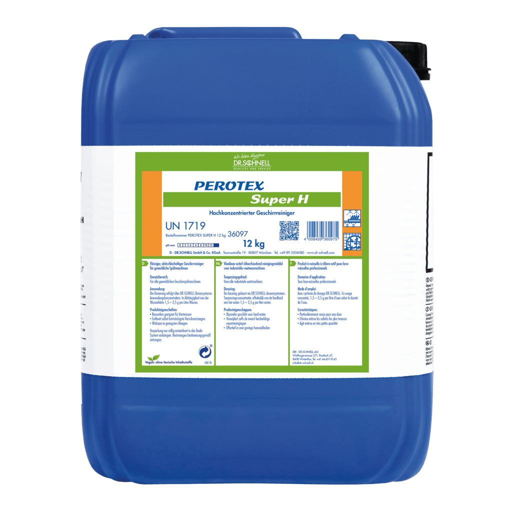 A blue 12 kg plastic container labeled "Dr. Schnell PEROTEX SUPER H" from DR.SCHNELL GmbH & Co. KGaA, a high-performance cleaner for professional use, with product codes and multilingual instructions on the white-green label.