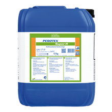 A blue 12 kg plastic container labeled "Dr. Schnell PEROTEX SUPER H" from DR.SCHNELL GmbH & Co. KGaA, a high-performance cleaner for professional use, with product codes and multilingual instructions on the white-green label.
