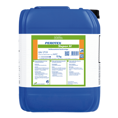 A blue 12 kg plastic container labeled "Dr. Schnell PEROTEX SUPER H" from DR.SCHNELL GmbH & Co. KGaA, a high-performance cleaner for professional use, with product codes and multilingual instructions on the white-green label.
