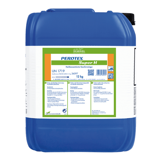 A blue 12 kg plastic container labeled "Dr. Schnell PEROTEX SUPER H" from DR.SCHNELL GmbH & Co. KGaA, a high-performance cleaner for professional use, with product codes and multilingual instructions on the white-green label.