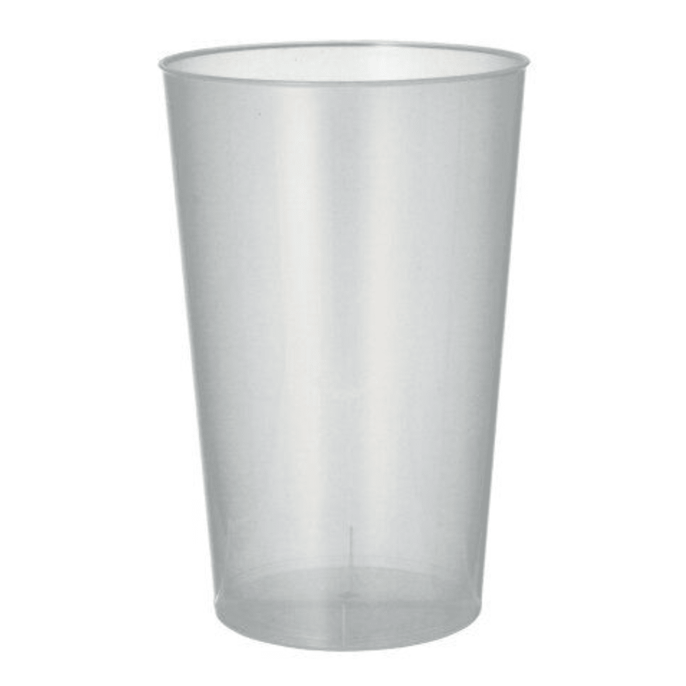 A Starpak reusable plastic cup made of transparent plastic with a smooth surface and slightly conical shape stands upright against a plain white background.