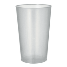A Starpak reusable plastic cup made of transparent plastic with a smooth surface and slightly conical shape stands upright against a plain white background.