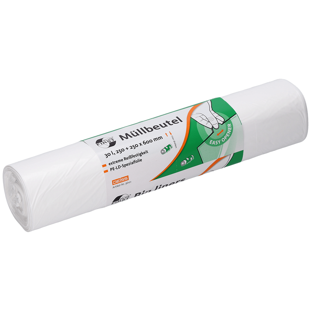 A roll of EMIL DEISS KG (GmbH + Co.) DEISS 36101 garbage bags, 250+250x600 mm, white, roll with 50 pieces. With German labeling, hand symbol for removal, size indication, and green "easy open" symbol on the packaging.