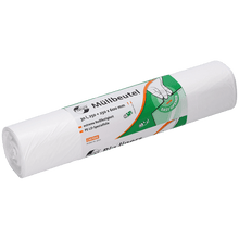 A roll of EMIL DEISS KG (GmbH + Co.) DEISS 36101 garbage bags, 250+250x600 mm, white, roll with 50 pieces. With German labeling, hand symbol for removal, size indication, and green "easy open" symbol on the packaging.