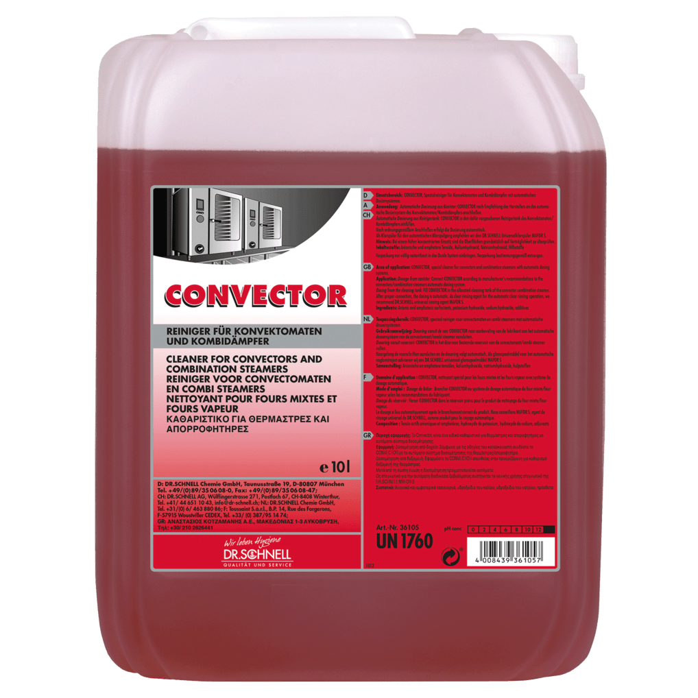 A 10-liter canister Dr. Schnell CONVECTOR kitchen and food hygiene cleaner for convection steamers by DR.SCHNELL GmbH & Co. KGaA, with a multilingual label containing instructions and safety information.