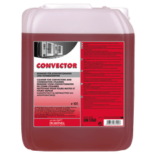A 10-liter canister Dr. Schnell CONVECTOR kitchen and food hygiene cleaner for convection steamers by DR.SCHNELL GmbH & Co. KGaA, with a multilingual label containing instructions and safety information.