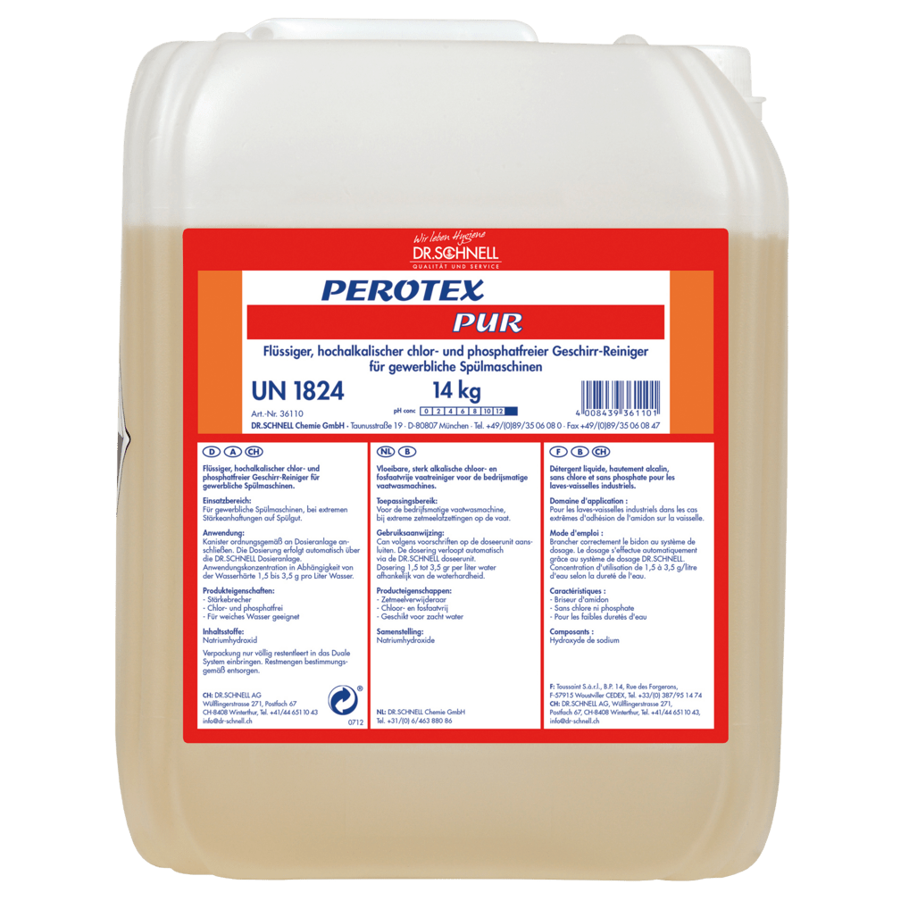 A 14 kg transparent plastic container of Dr. Schnell PEROTEX PUR dish cleaner for commercial dishwashers from DR.SCHNELL GmbH & Co. KGaA, with a label in German listing product details, ingredients, application instructions, and safety warnings.