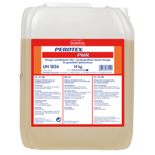 A 14 kg transparent plastic container of Dr. Schnell PEROTEX PUR dish cleaner for commercial dishwashers from DR.SCHNELL GmbH & Co. KGaA, with a label in German listing product details, ingredients, application instructions, and safety warnings.