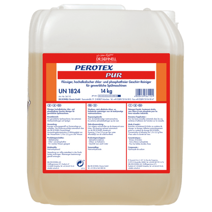A 14 kg transparent plastic container of Dr. Schnell PEROTEX PUR dish cleaner for commercial dishwashers from DR.SCHNELL GmbH & Co. KGaA, with a label in German listing product details, ingredients, application instructions, and safety warnings.