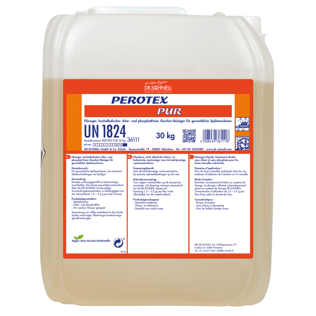 A 30-kg plastic container of Dr. Schnell PEROTEX PUR dish cleaner for commercial dishwashers (DR.SCHNELL GmbH & Co. KGaA) with a white cap, hazard labels, and a front label with product information and safety instructions.