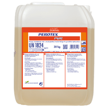 A 30-kg plastic container of Dr. Schnell PEROTEX PUR dish cleaner for commercial dishwashers (DR.SCHNELL GmbH & Co. KGaA) with a white cap, hazard labels, and a front label with product information and safety instructions.